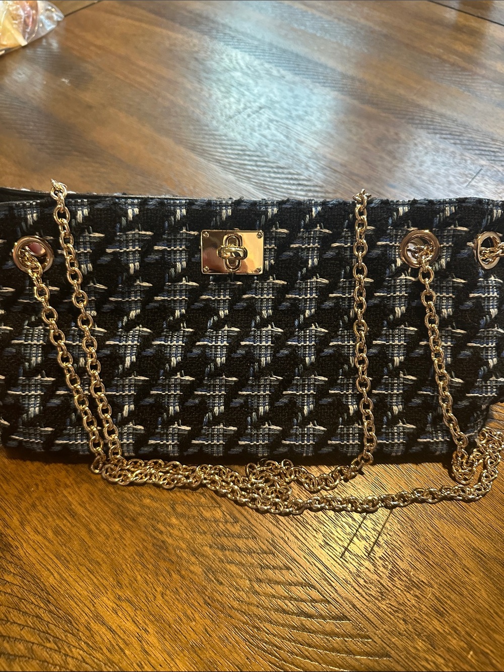 Ann Taylor Black and Light Blue Tweed Shoulder Bag with Gold Chain - Picture 2 of 6